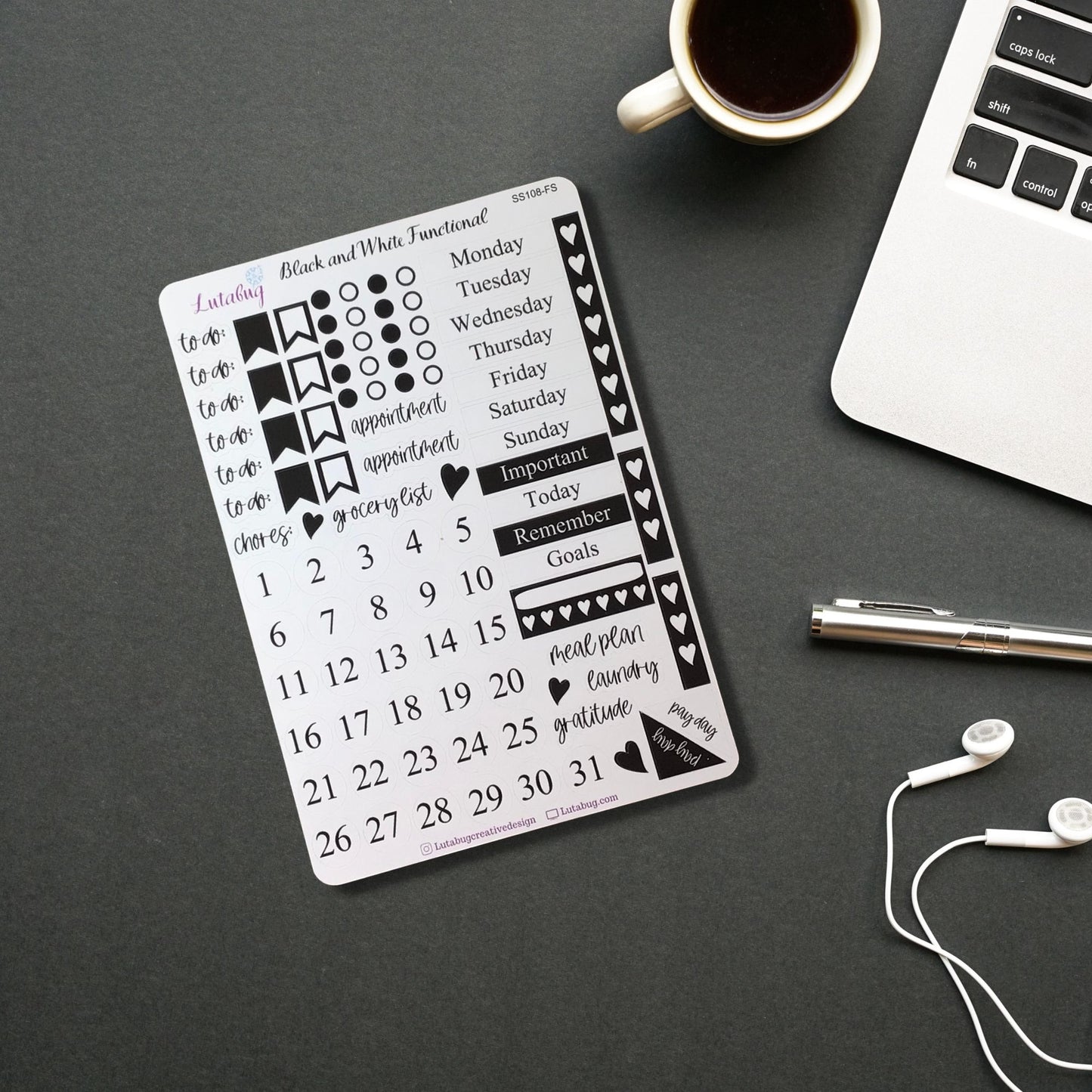 Black and White Weekly Functional Planner Sticker Sheet