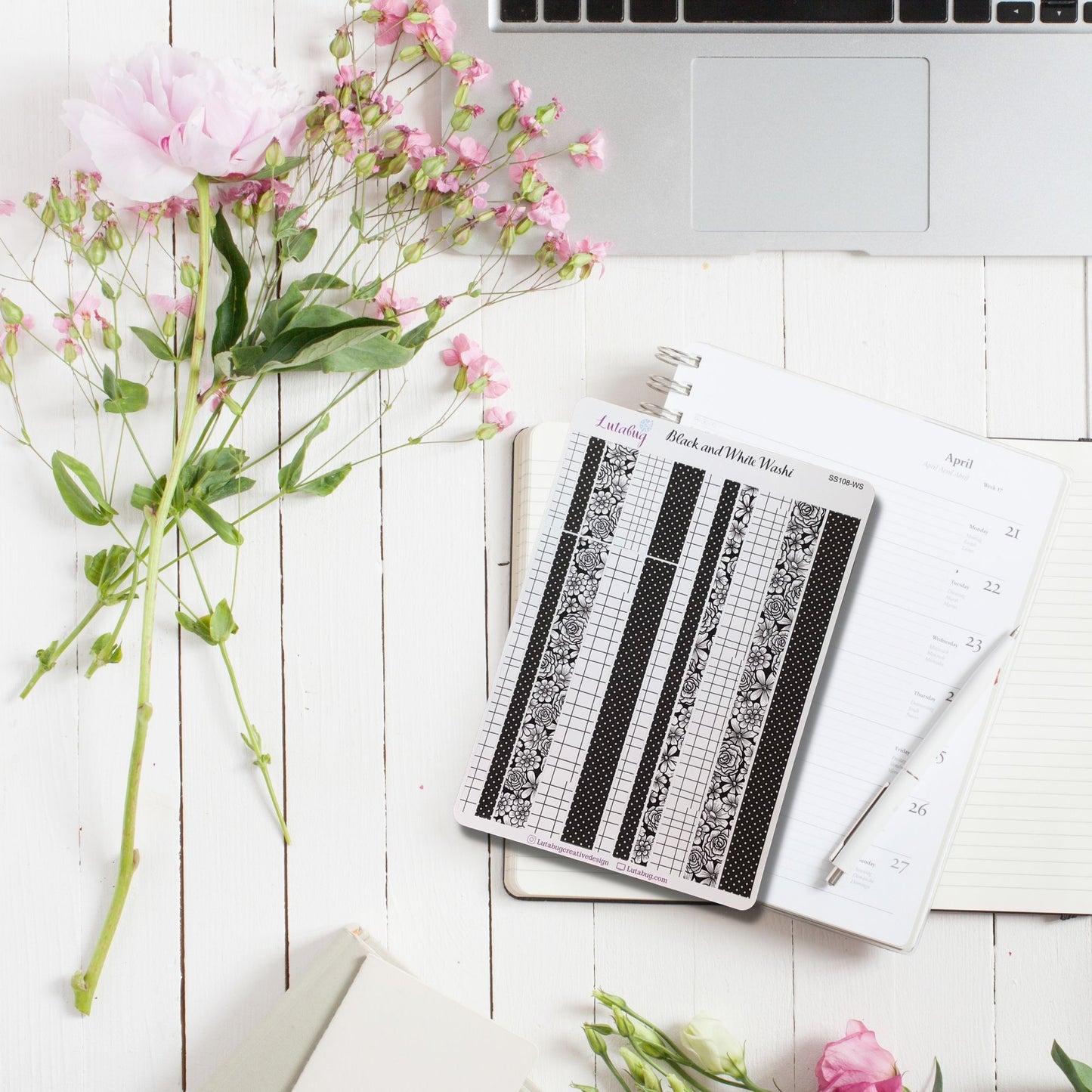 Black and White Washi Strips Sticker Sheet, HP Classic size