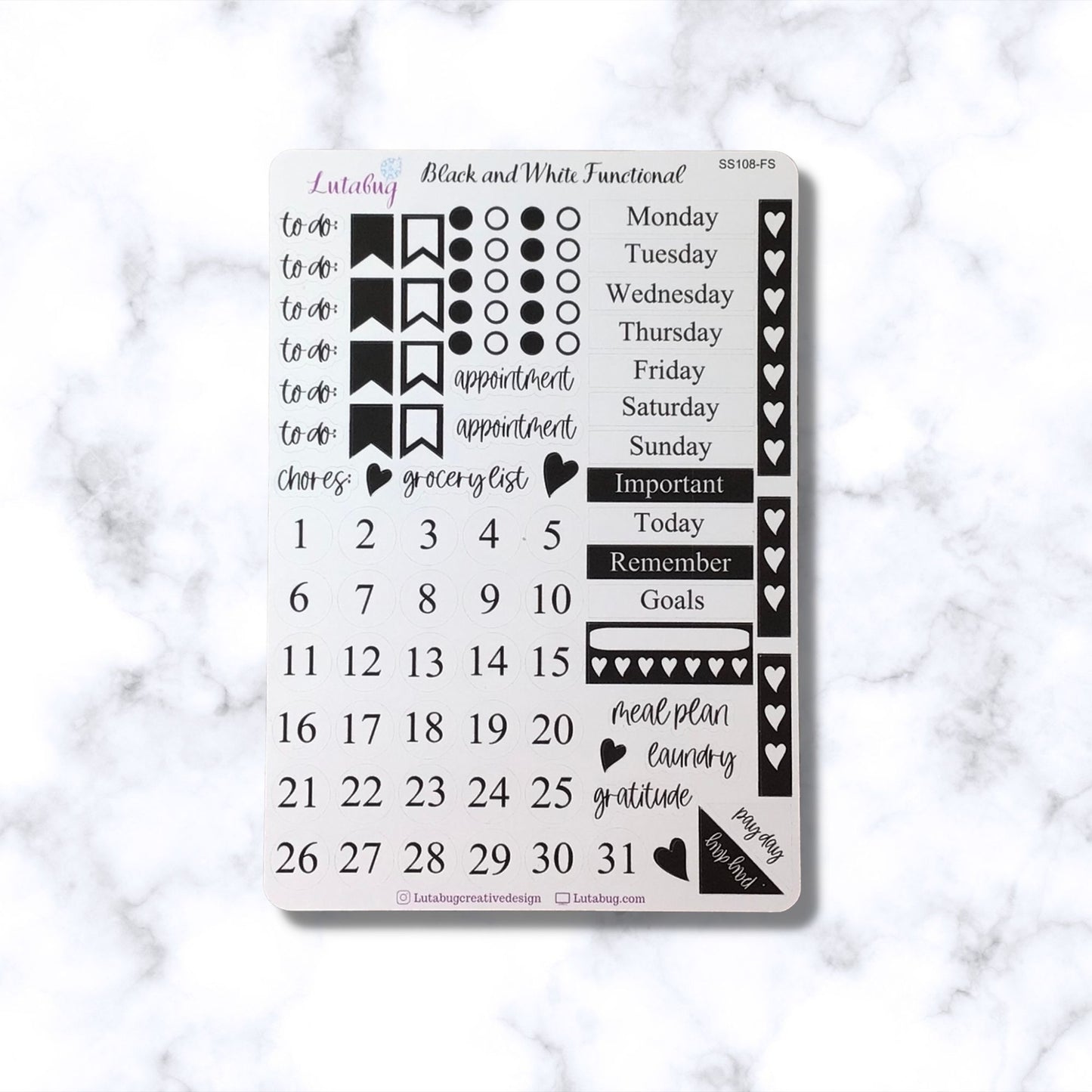 Black and White Weekly Functional Planner Sticker Sheet
