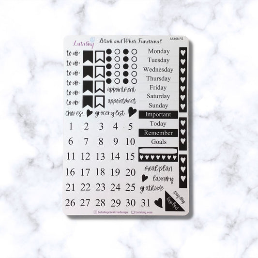 Black and White Weekly Functional Planner Sticker Sheet