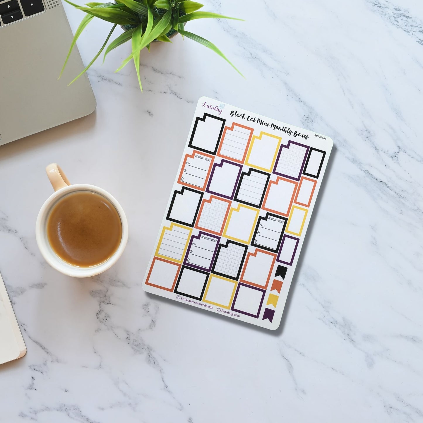 Black Cat, Mini Monthly Boxes, Planner Box Stickers, Functional Halloween Mini Calendar Boxes, Sticker Sheet