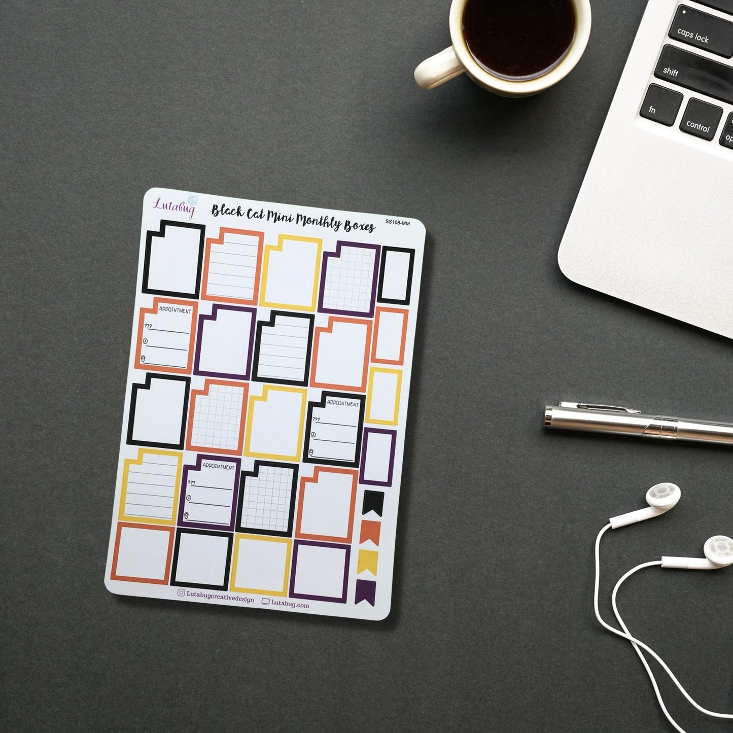 Black Cat, Mini Monthly Boxes, Planner Box Stickers, Functional Halloween Mini Calendar Boxes, Sticker Sheet