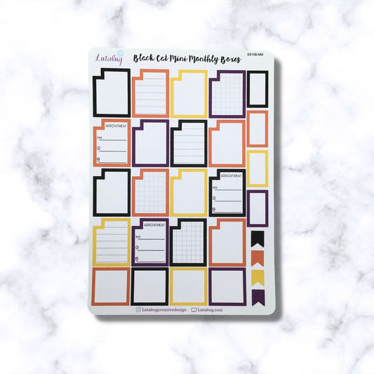 Black Cat, Mini Monthly Boxes, Planner Box Stickers, Functional Halloween Mini Calendar Boxes, Sticker Sheet